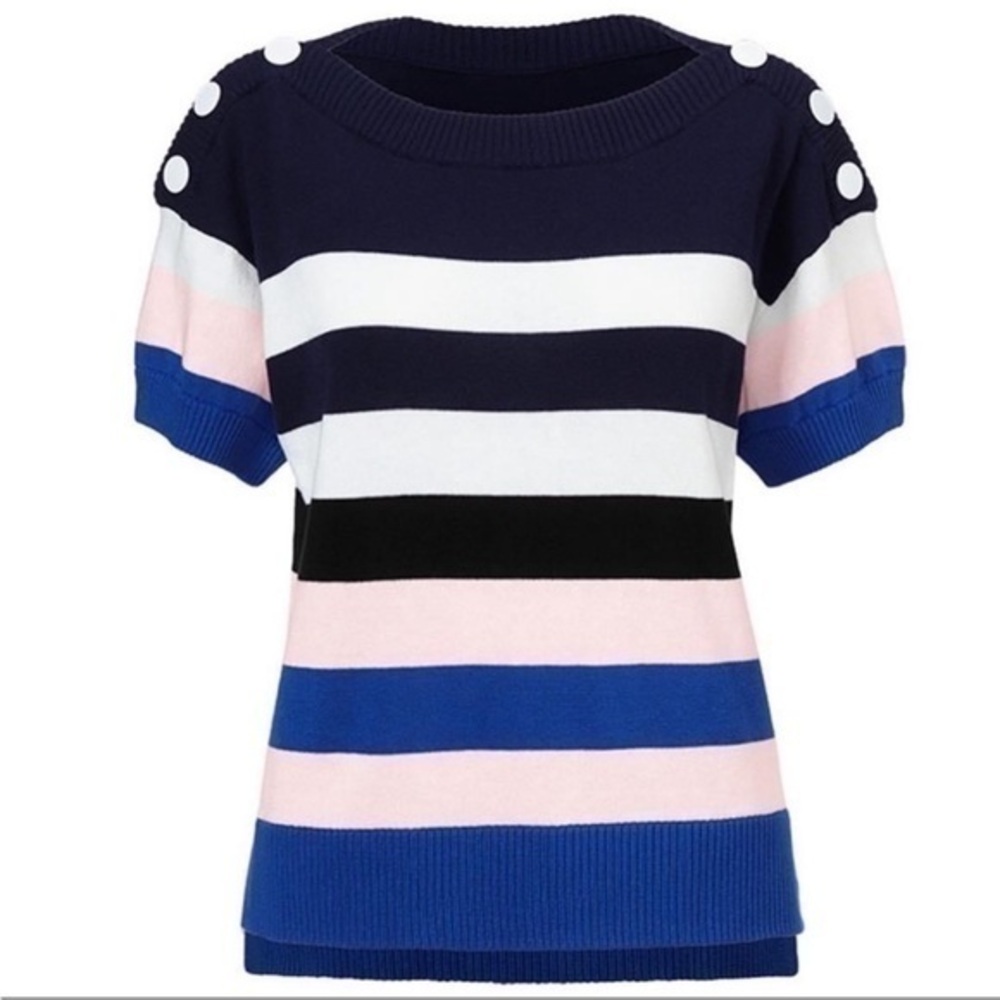Cabi Sailor Pullover #5448 blue white and pink stripes with white buttons